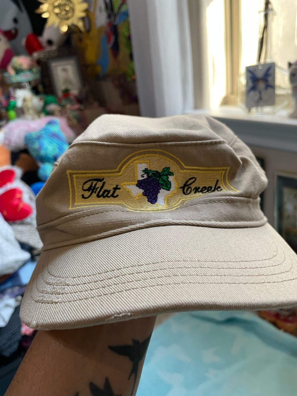 Flat creek Texas grape vine Logo Tan Cotton outdoor cap